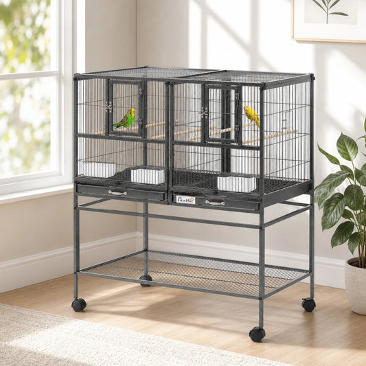 Rolling Metal Bird Cage With Storage Tray And Wood Perch