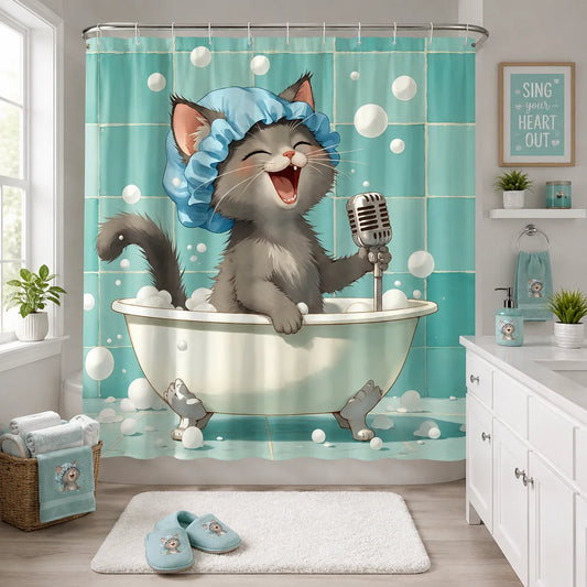 Soft Polyester Shower Curtain Featuring Cute Cat Design