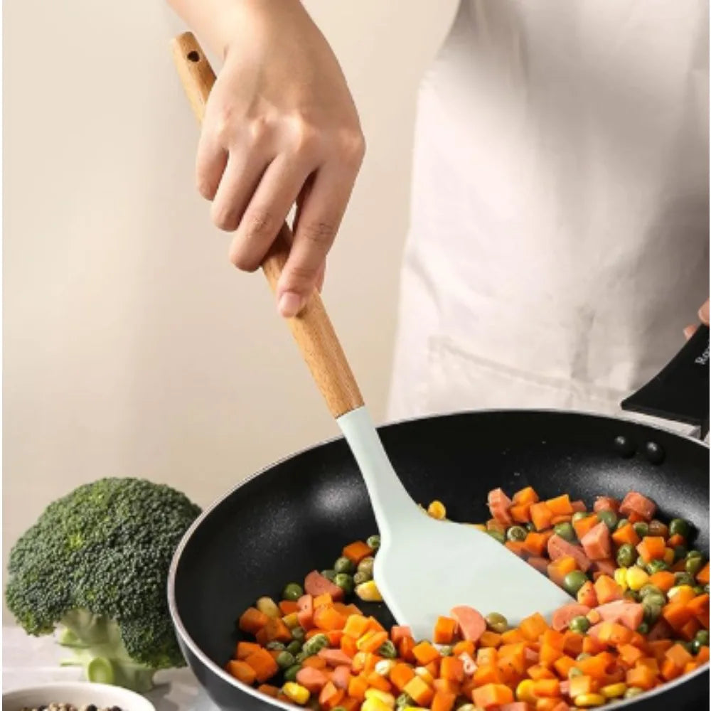 Nonstick Silicone Cooking Utensil Set With Wooden Handles
