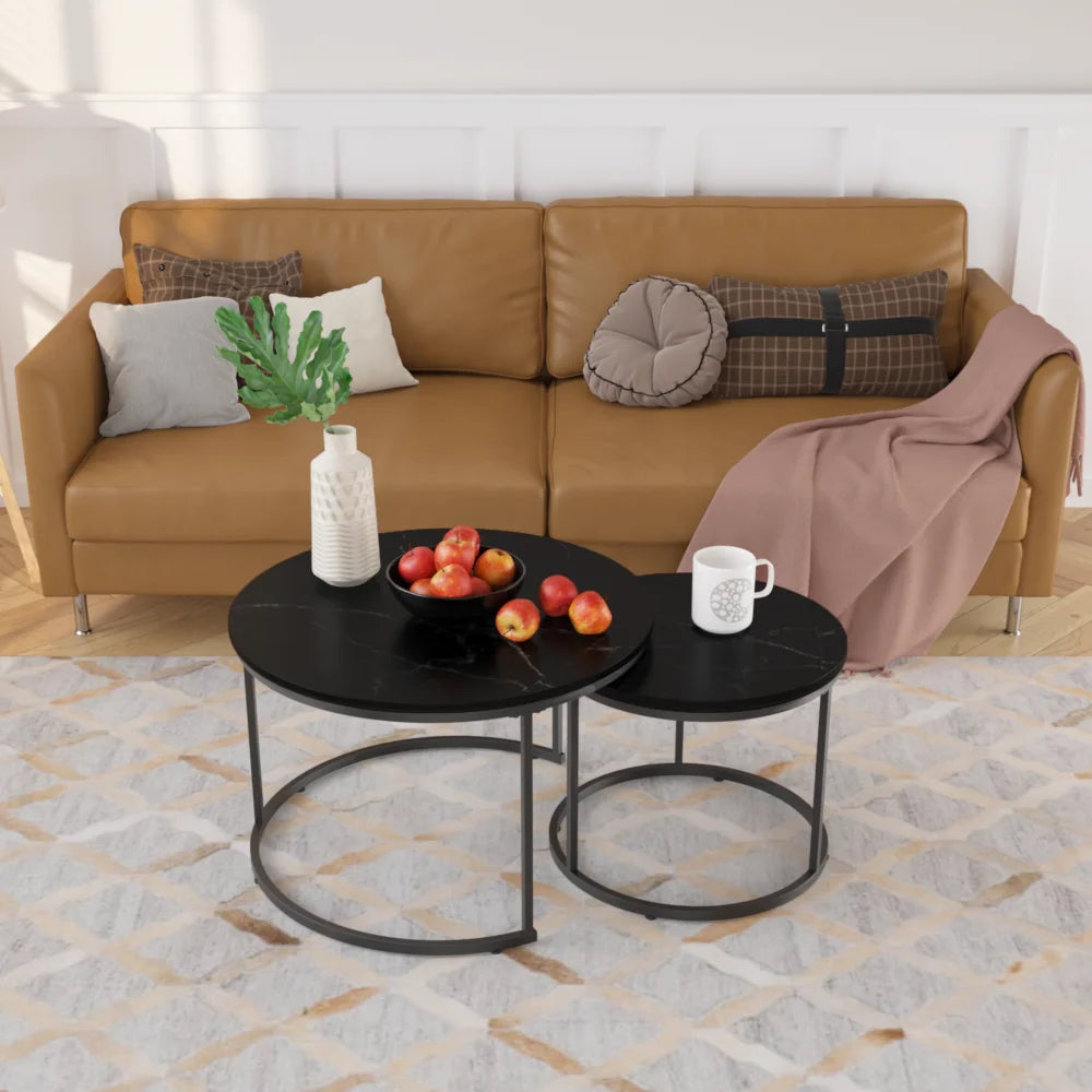 Orraves Round Nesting Coffee Table Set With Marble Pattern Tops