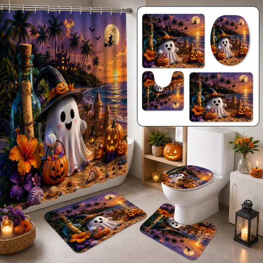 Tropical Halloween Ghost Shower Curtain Set With Hooks And Cover