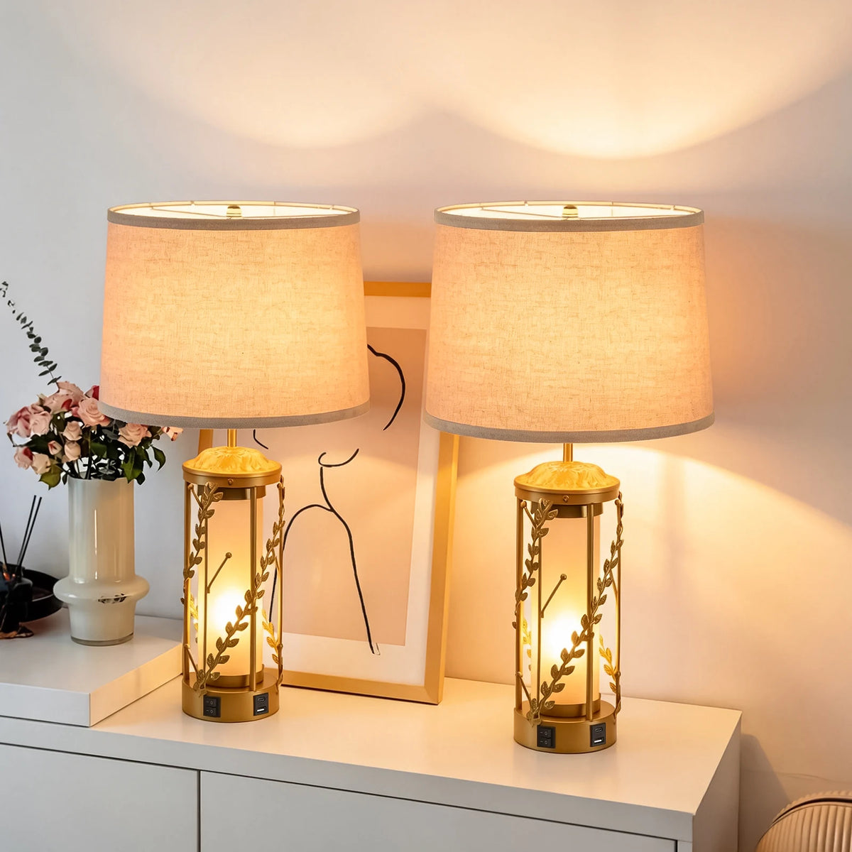 Hollow Leaf Dual Light Table Lamp With Charging Station