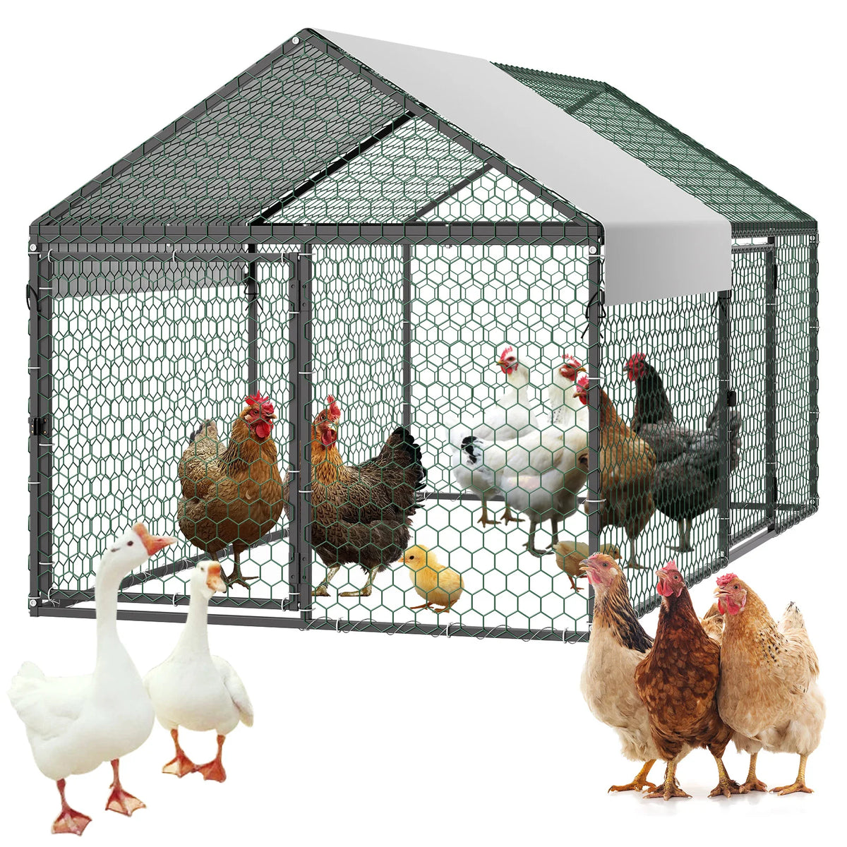 SucceBuy Metal Chicken Coop With Waterproof Spire Roof Cover