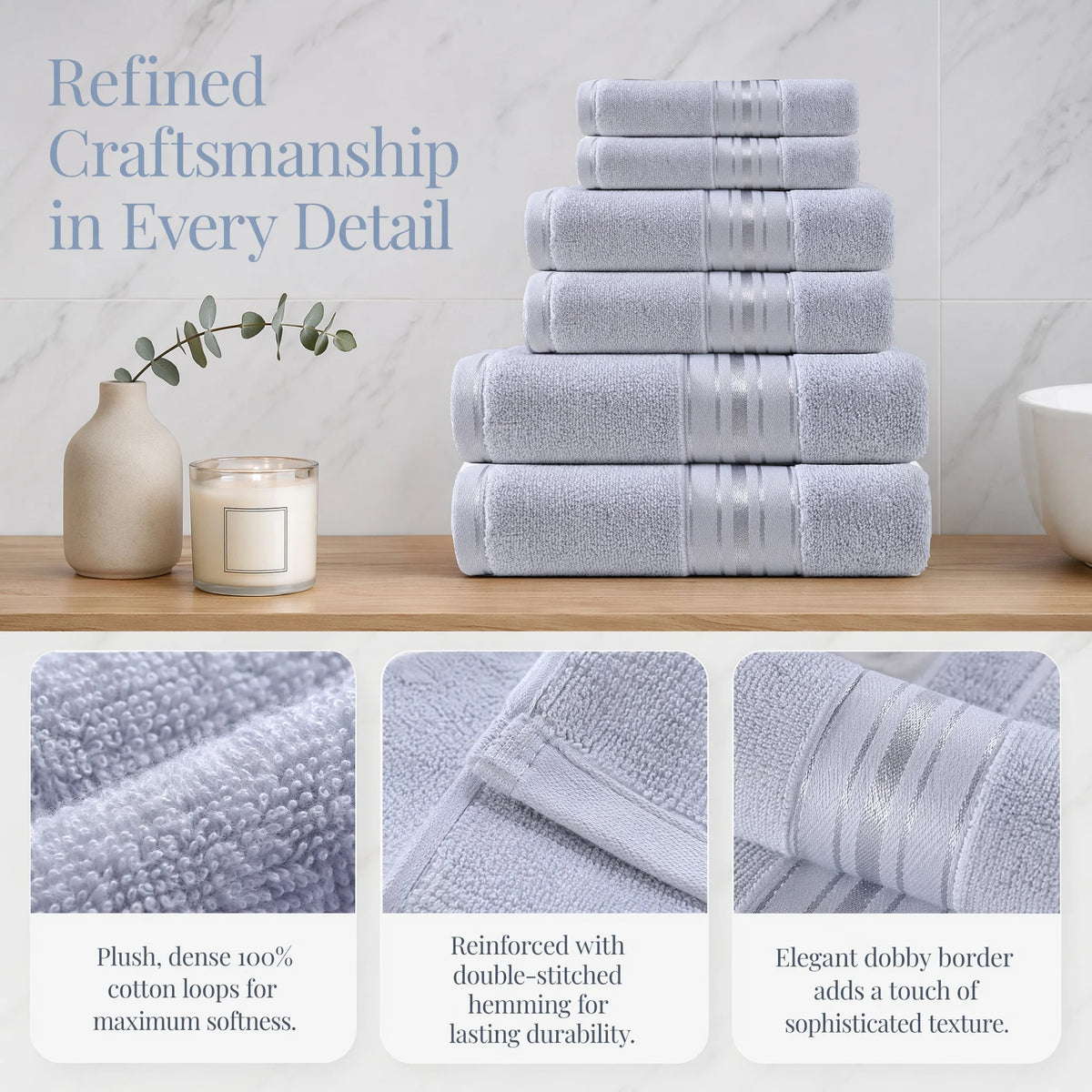 Luxury Turkish Cotton Towel Set, Six Piece Absorbent Bathroom Towels