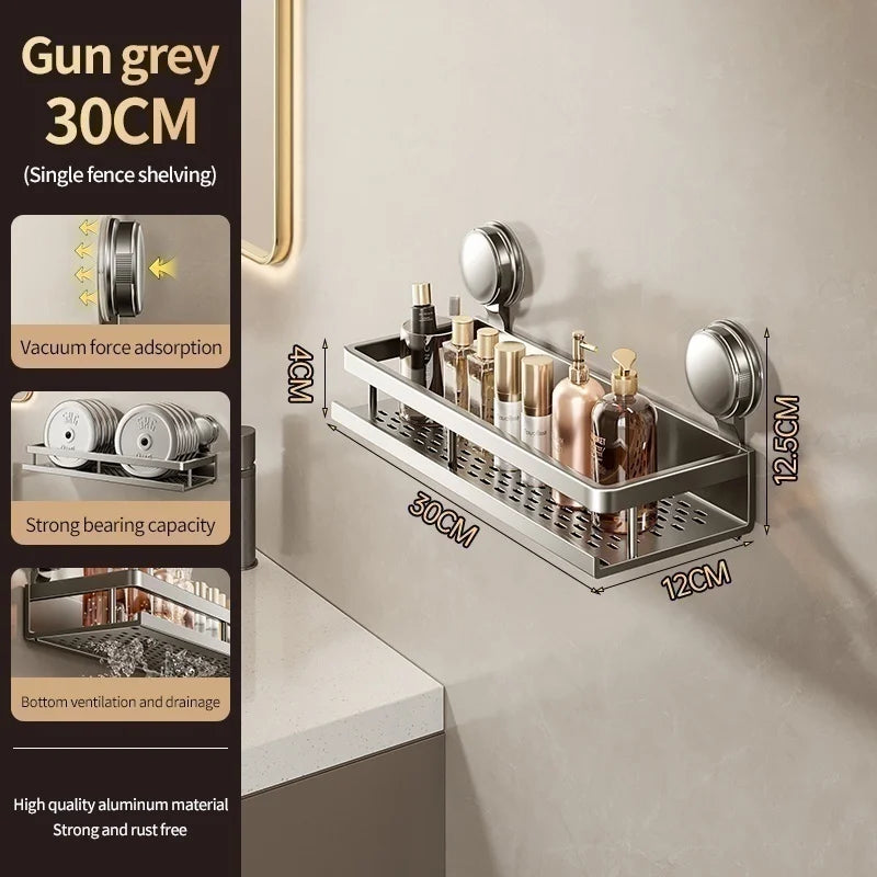 No Drill Aluminum Bathroom Shelf With Suction Cup Wall Mount