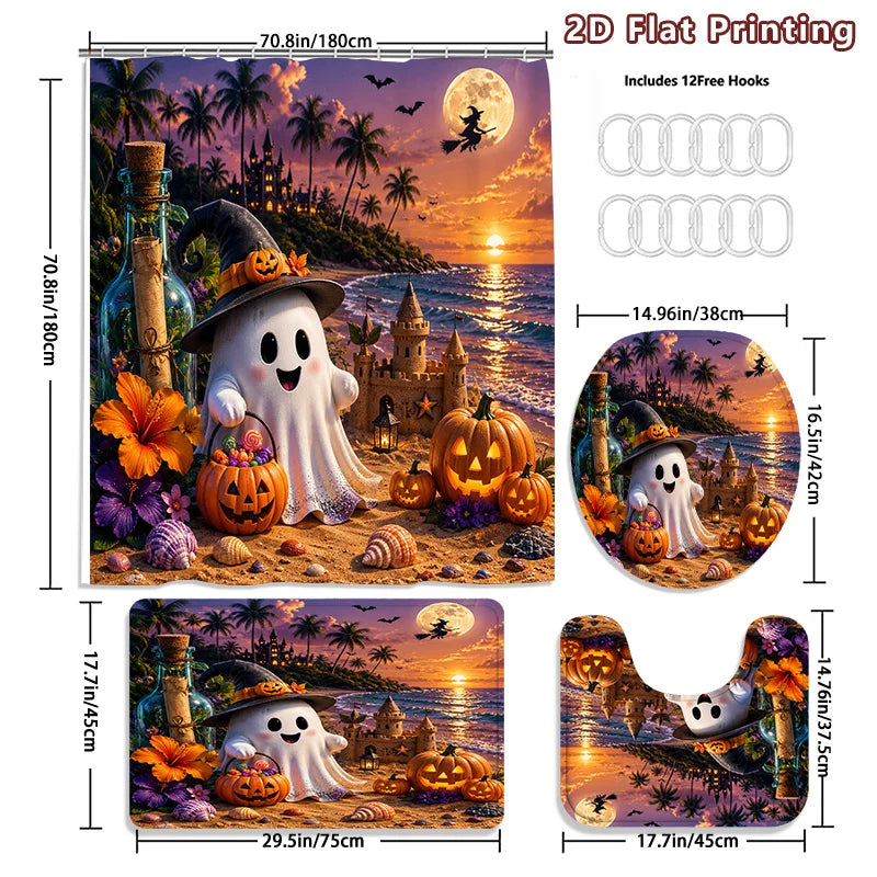 Tropical Halloween Ghost Shower Curtain Set With Hooks And Cover