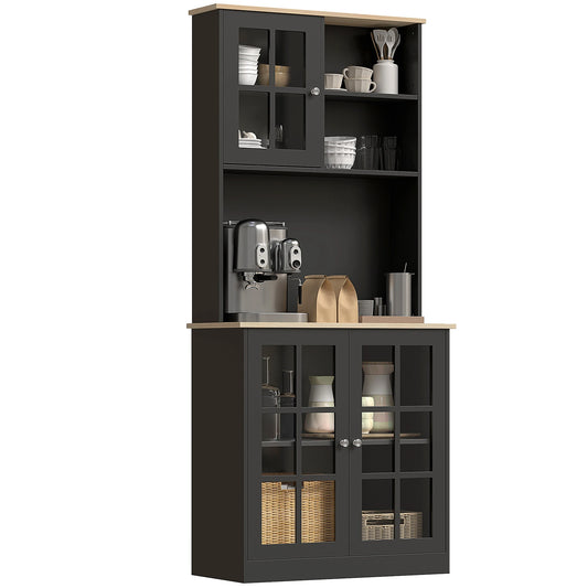 Homcom Kitchen Pantry Cabinet With Glass Doors And Adjustable Shelves
