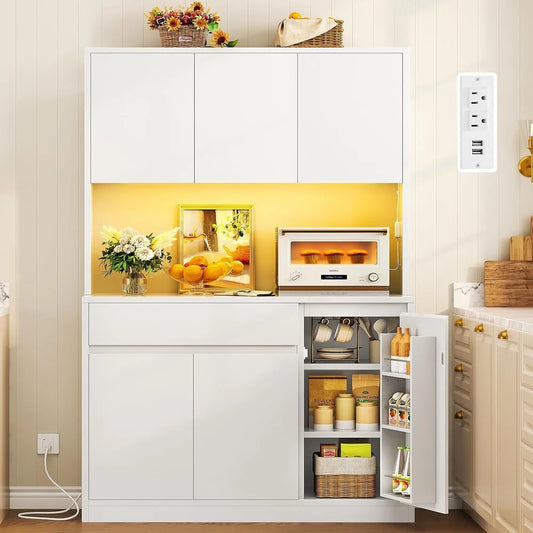 Modern Wood Kitchen Pantry Storage Cabinet With Charging Station
