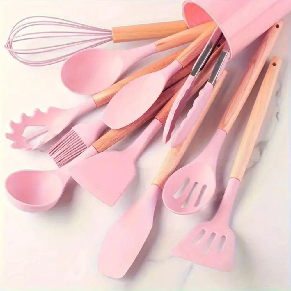 Nonstick Silicone Cooking Utensil Set With Wooden Handles