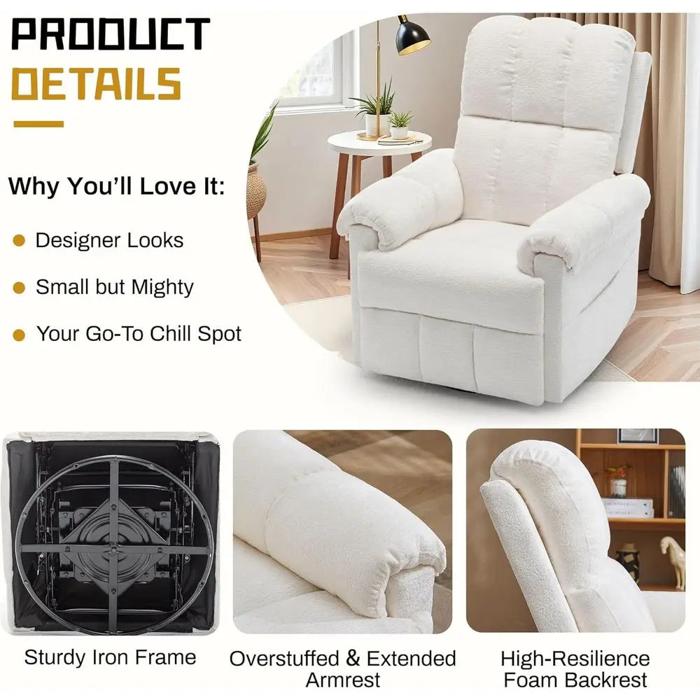 Upholstered Swivel Rocker Recliner Chair for Adults and Small Spaces