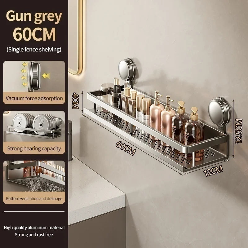 No Drill Aluminum Bathroom Shelf With Suction Cup Wall Mount