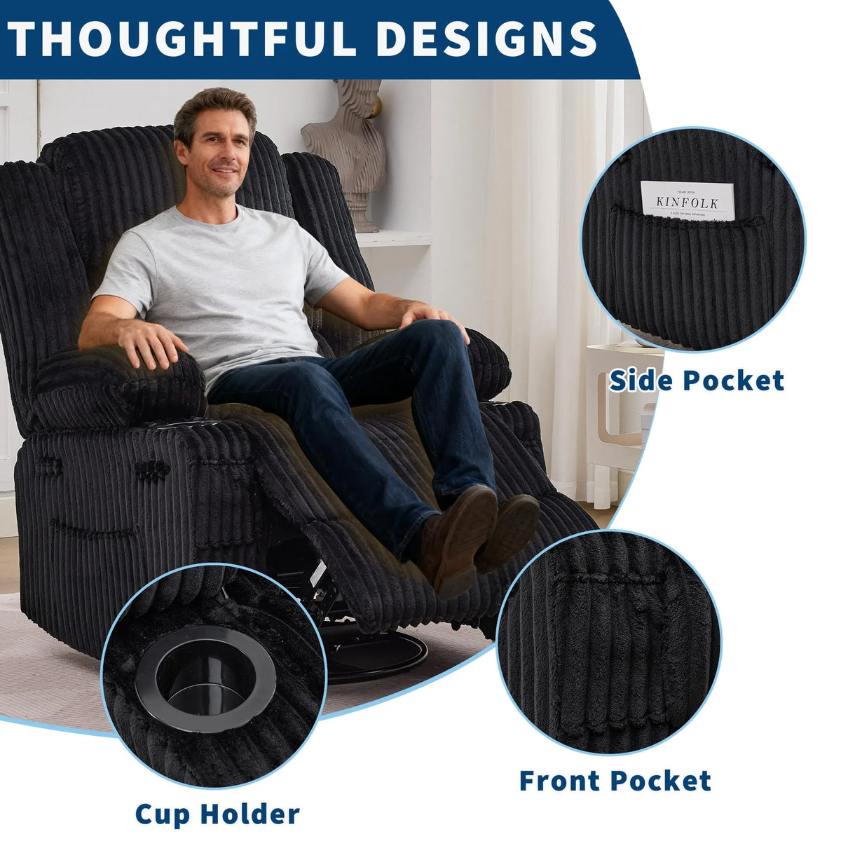 Studyset Corduroy Swivel Glider Recliner Chair With Cup Holder