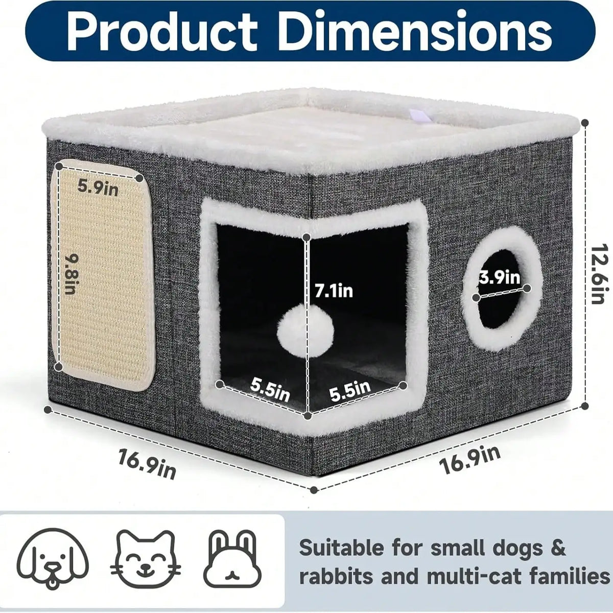 Foldable Indoor Cat House With Soft Cushion And Hanging Balls