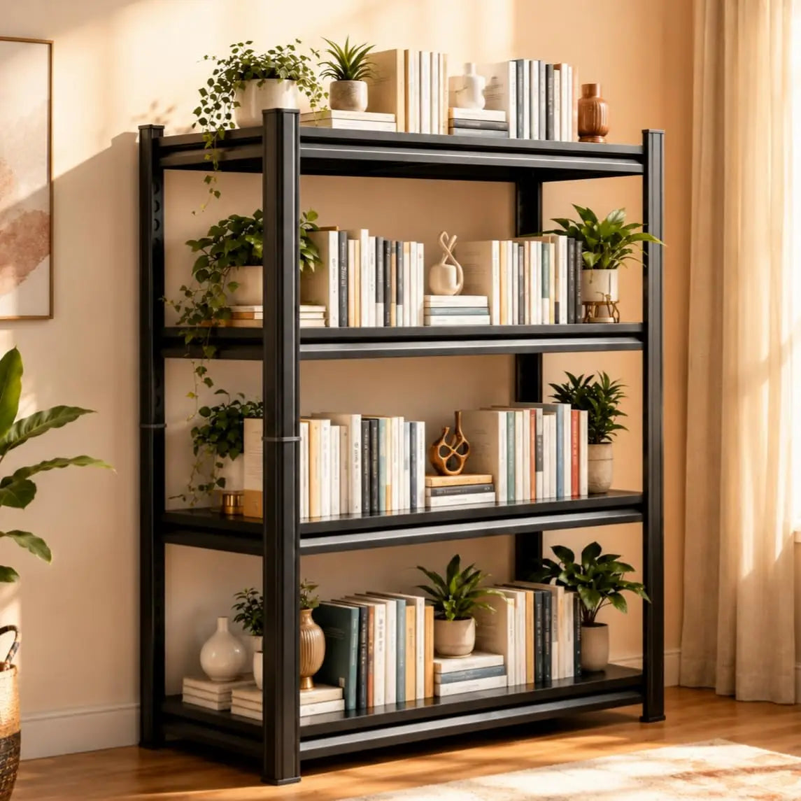 Bolt-Free Heavy-Duty Metal Bookshelf With Adjustable Shelves Anti-Tip Anchors