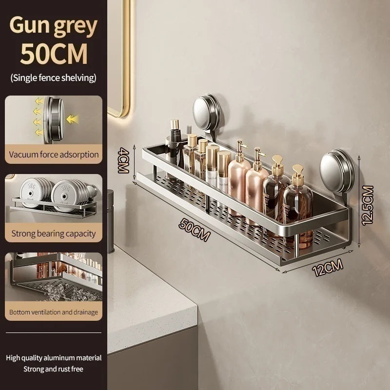 No Drill Aluminum Bathroom Shelf With Suction Cup Wall Mount