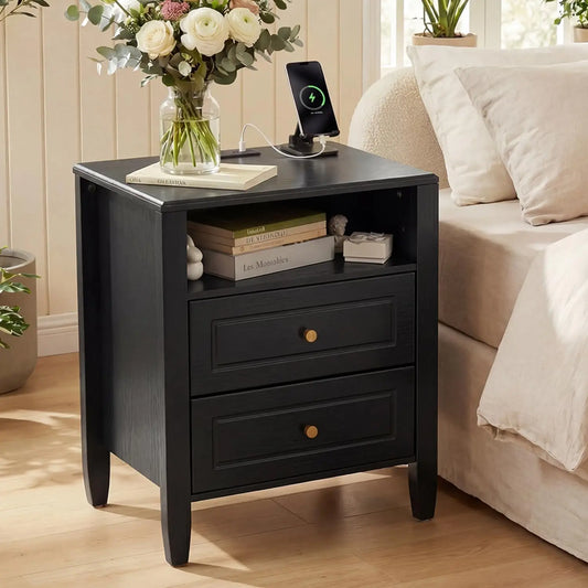 Modern Wooden Nightstand With Charging Station And Two Drawers