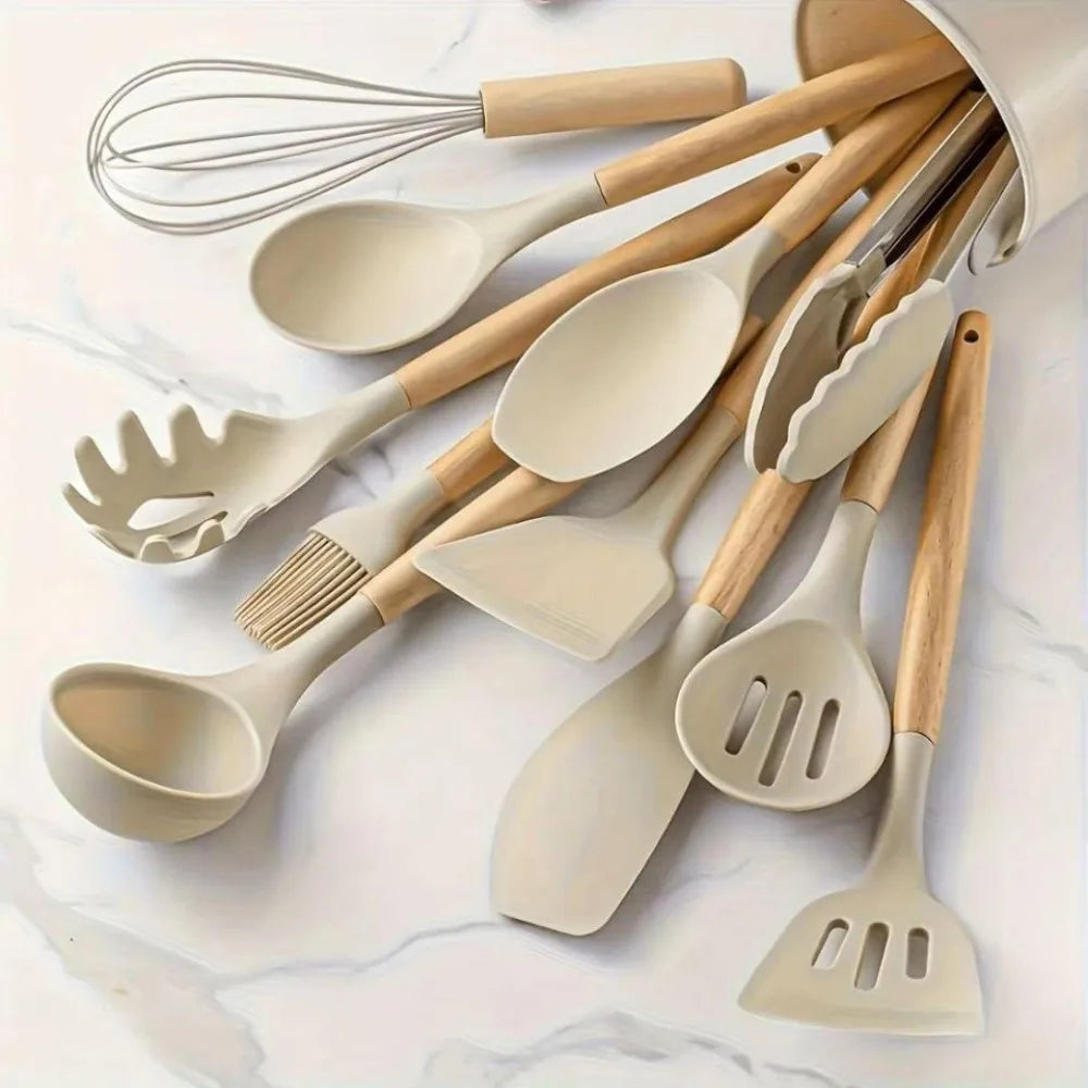 Nonstick Silicone Cooking Utensil Set With Wooden Handles