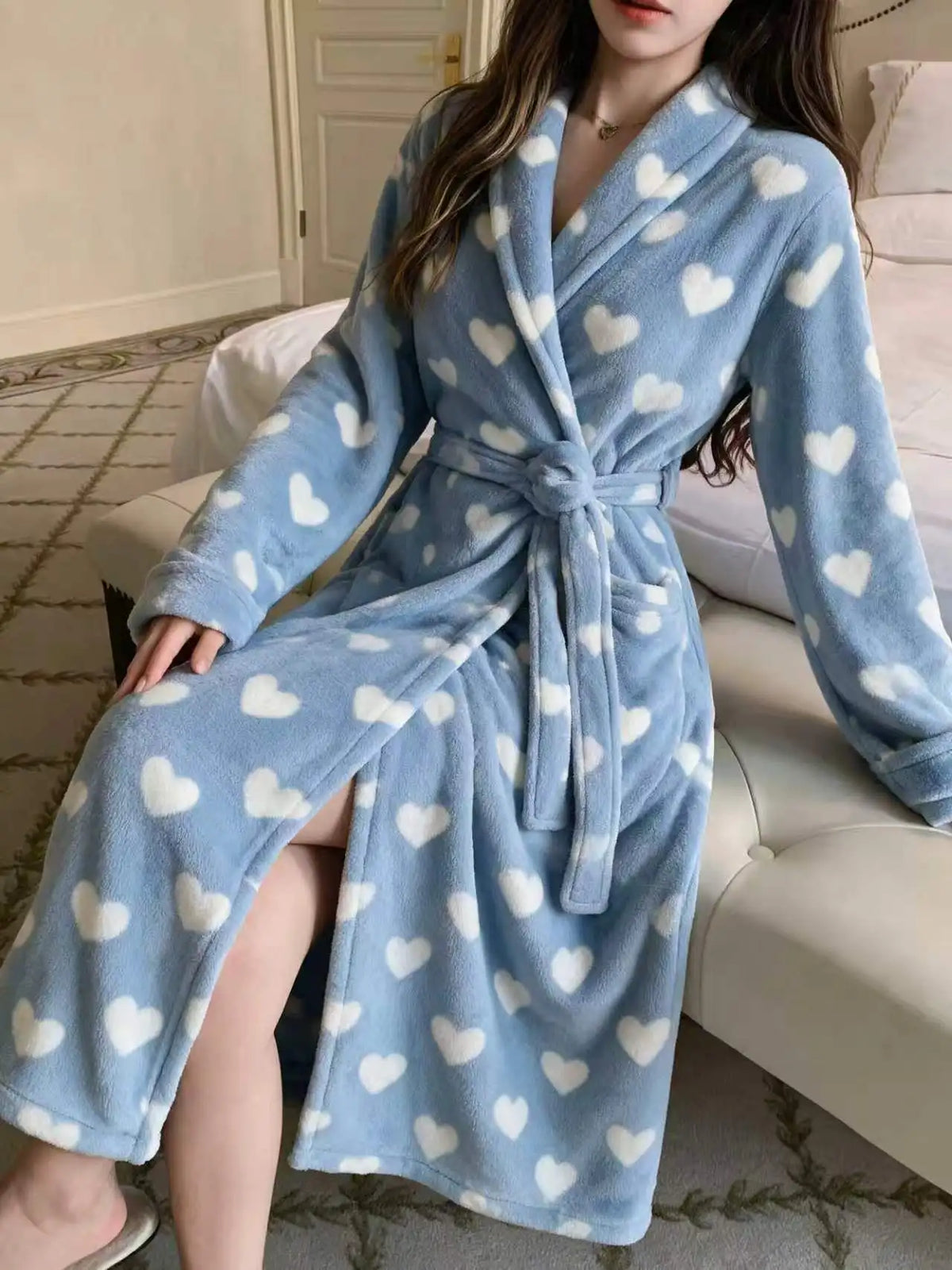 Qeils Women's Comfortable Flannel Belted V-Neck Nightgown