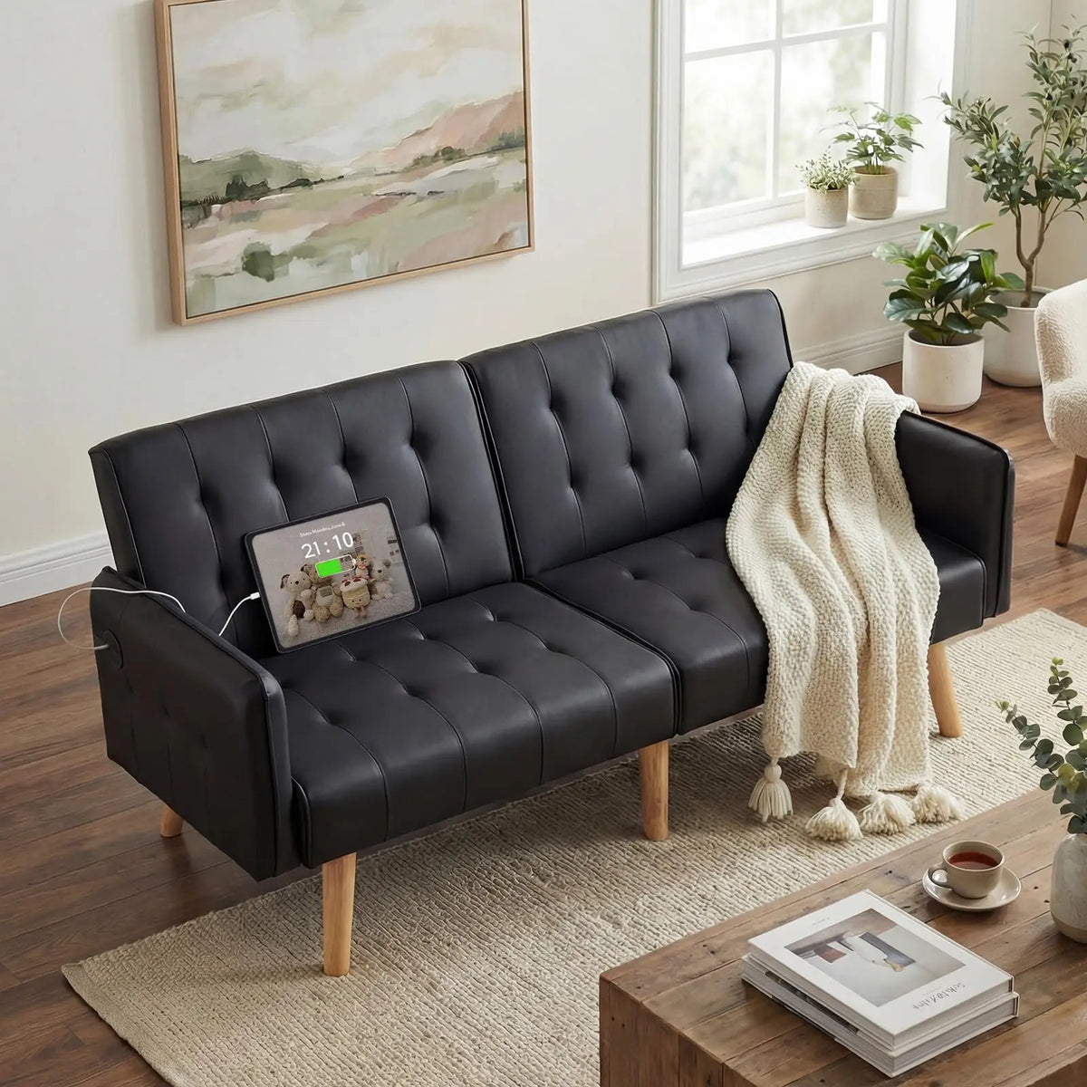 Modern Faux Leather Futon Sofa Bed Featuring Usb Ports Technology