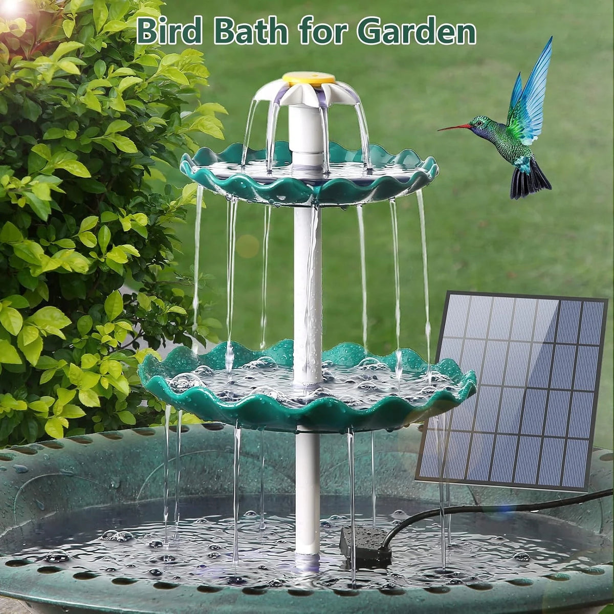 Solar Powered Tiered Bird Bath Water Fountain For Garden Landscaping
