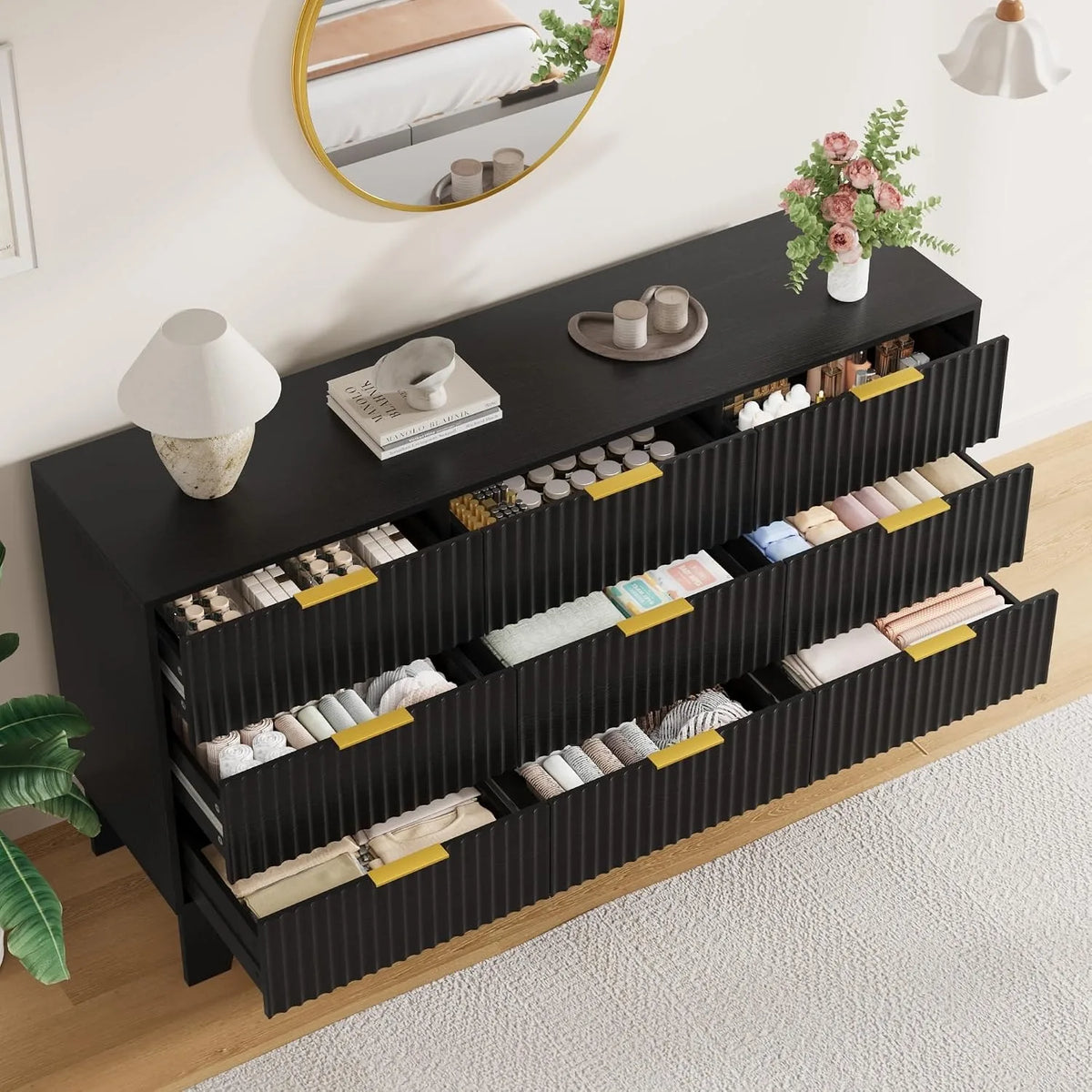 Modern Fluted Nine Drawer Wooden Dresser With Metal Handles