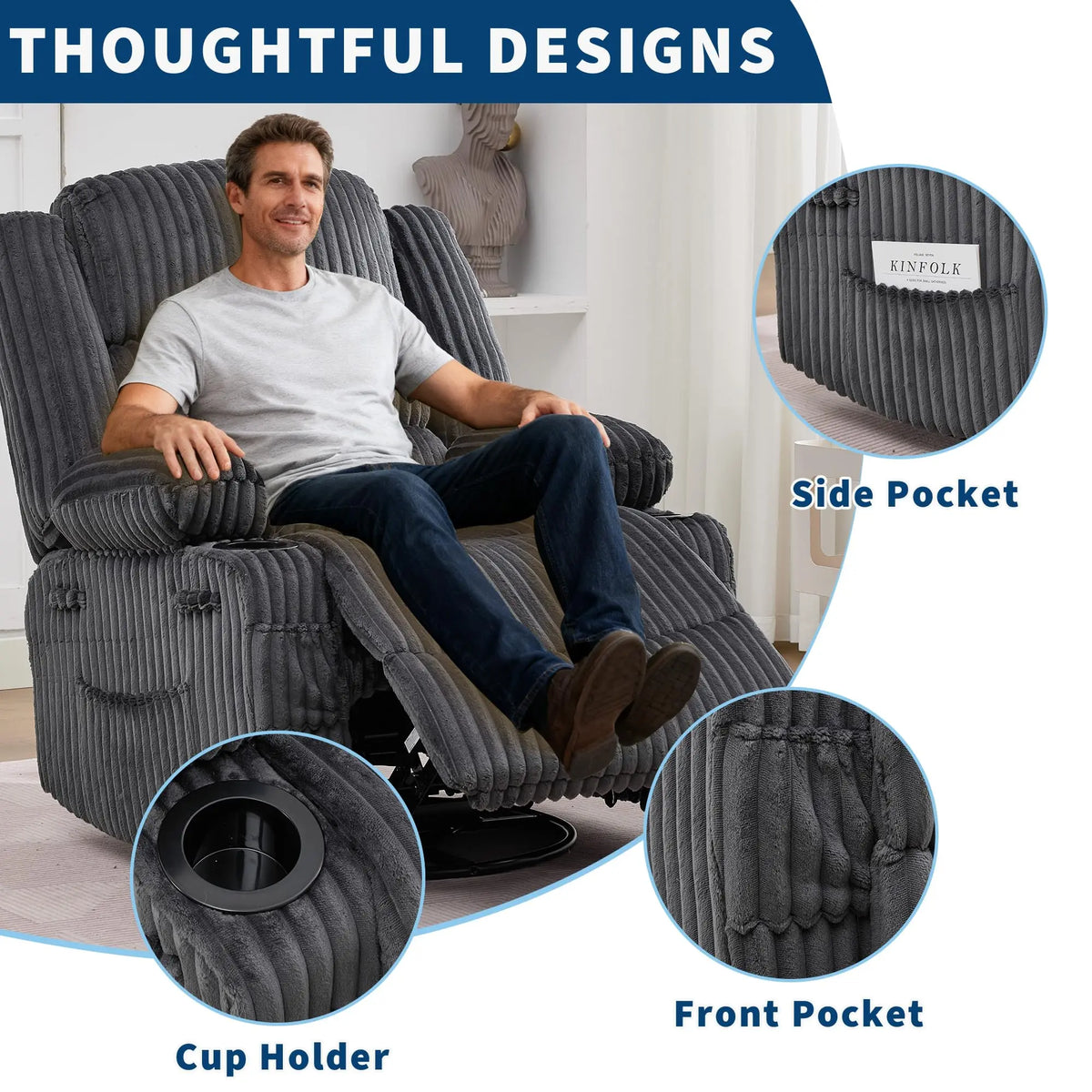 HiMISS Swivel Rocking Recliner Chair With Cup Holder Corduroy Glider