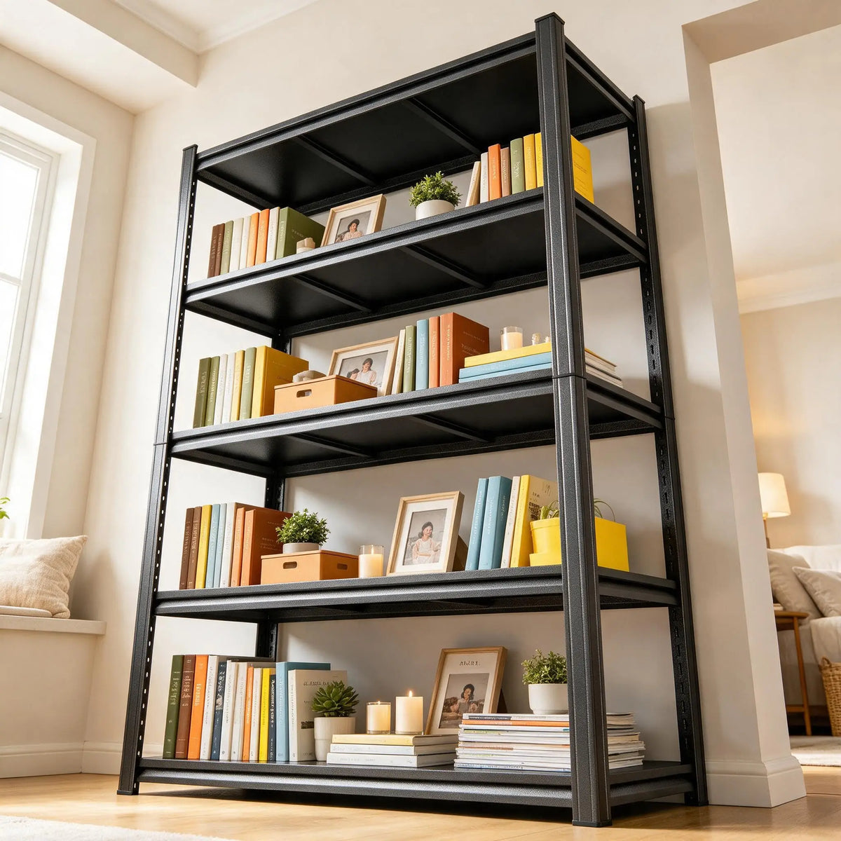 Bolt-Free Heavy-Duty Metal Bookshelf With Adjustable Shelves Anti-Tip Anchors