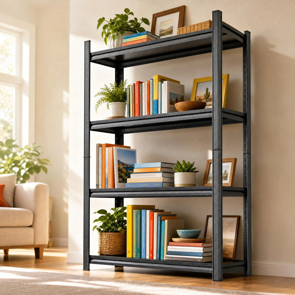 Bolt-Free Heavy-Duty Metal Bookshelf With Adjustable Shelves Anti-Tip Anchors