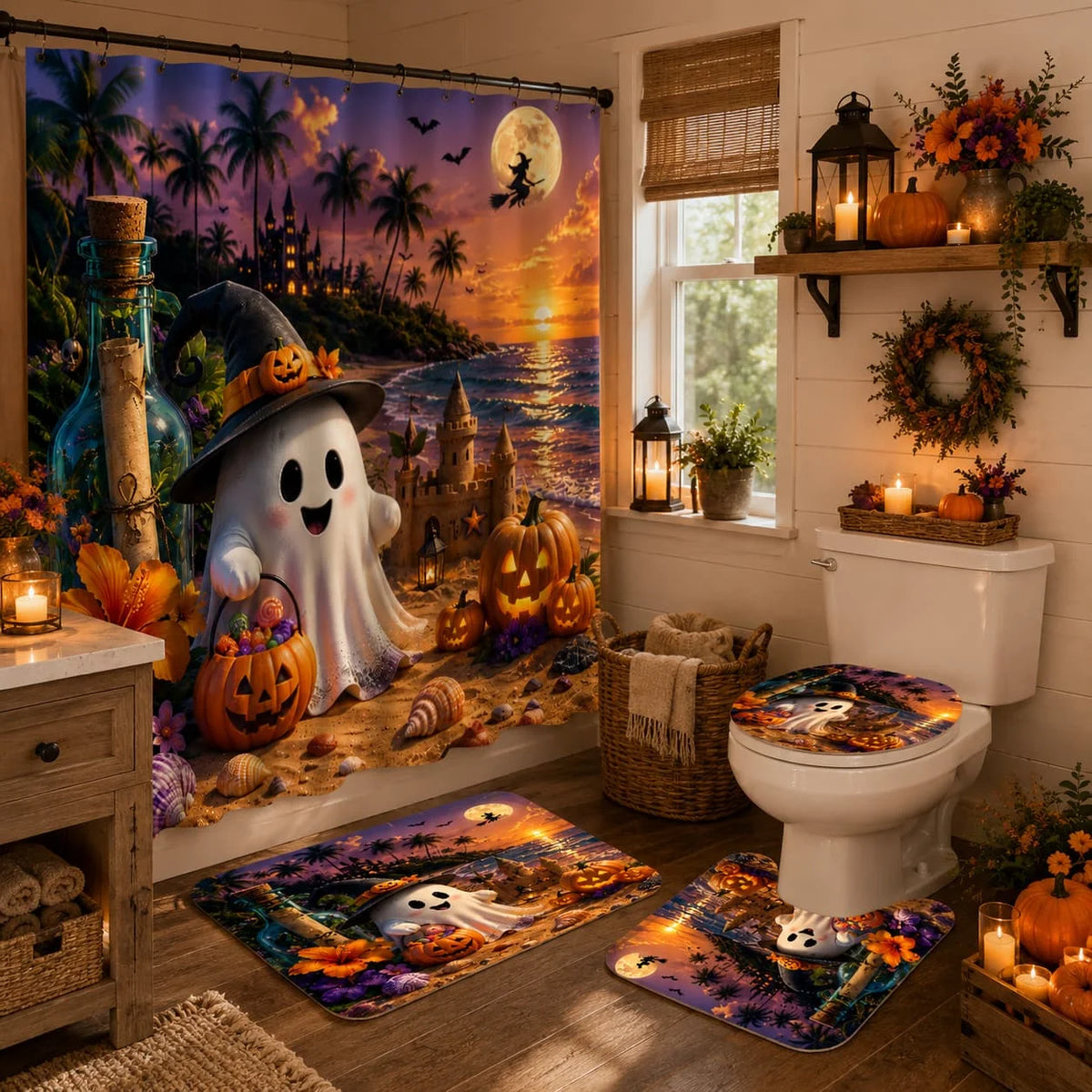 Tropical Halloween Ghost Shower Curtain Set With Hooks And Cover