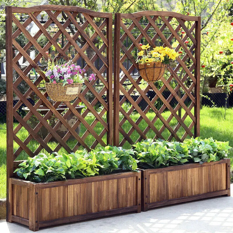 Raised Wooden Garden Bed Planter Box With Trellis For Patio