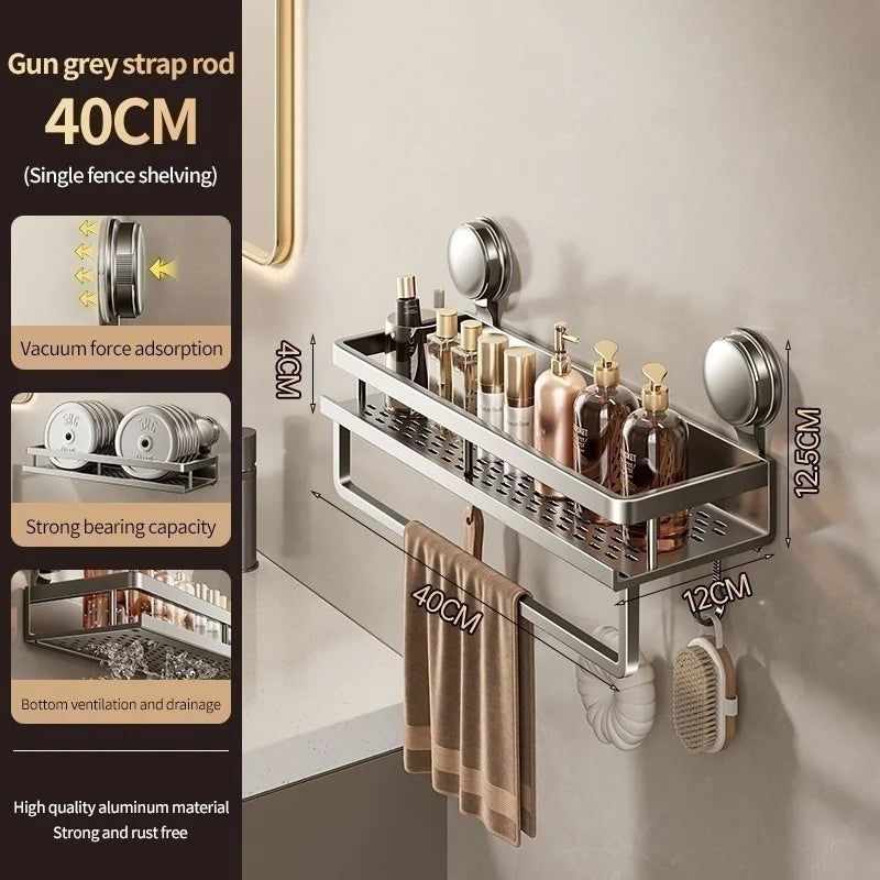 No Drill Aluminum Bathroom Shelf With Suction Cup Wall Mount
