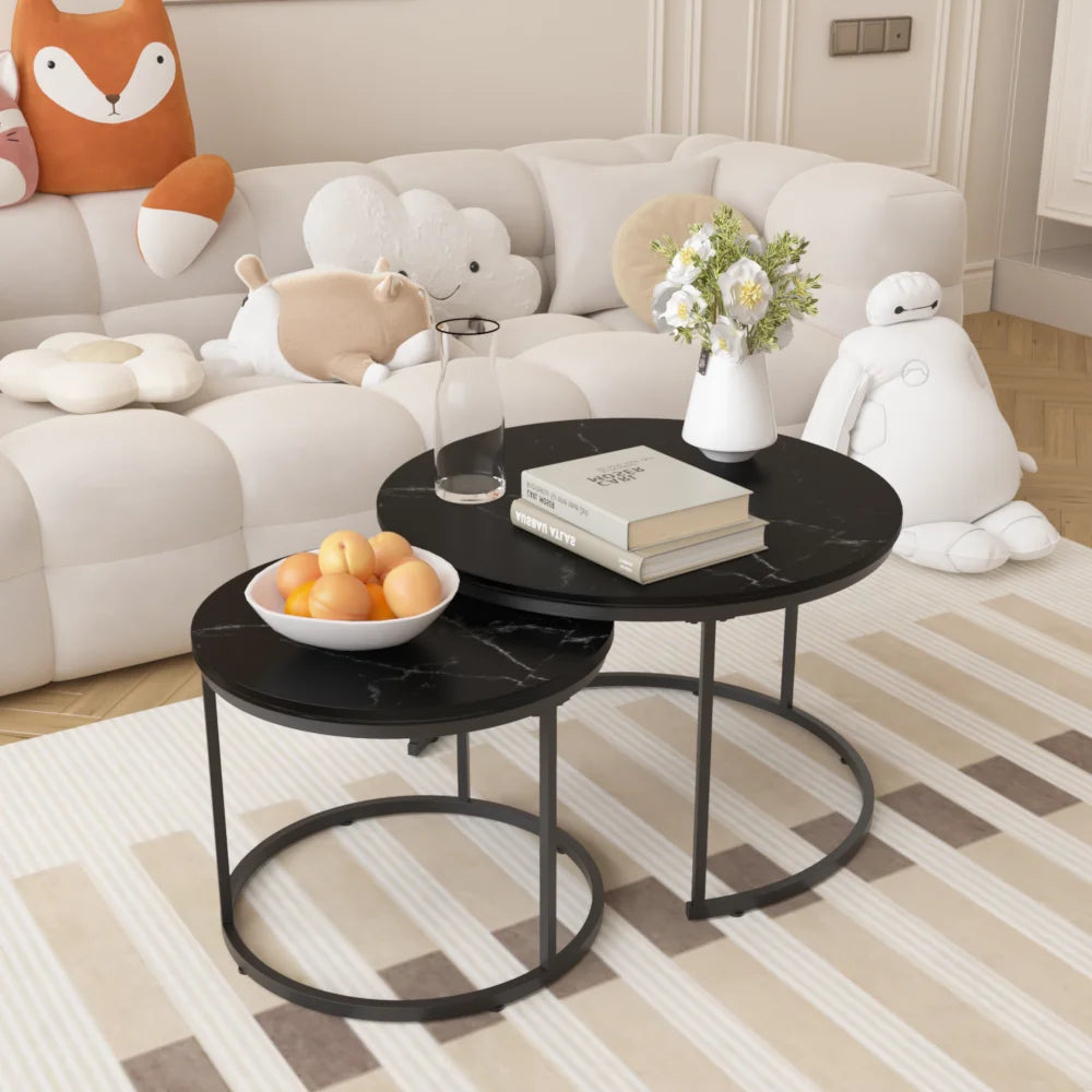 Orraves Round Nesting Coffee Table Set With Marble Pattern Tops