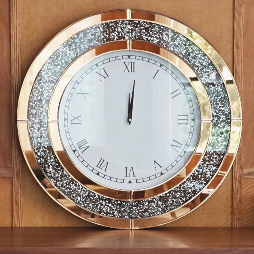 Decorative Mirrored Wall Clock With Silver Crushed Diamond Inlay