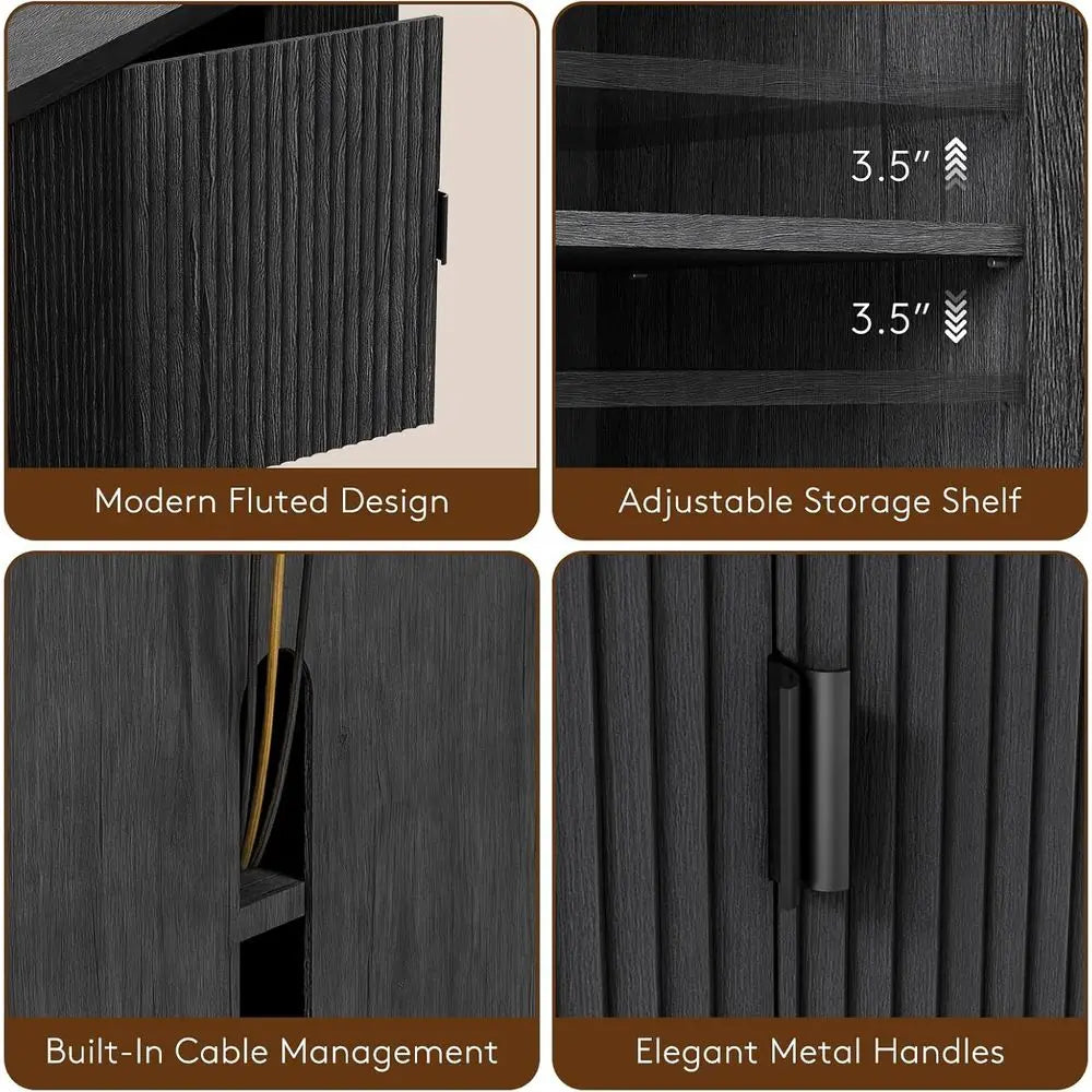 Modern Fluted TV Stand With Adjustable Shelves And Storage Cabinets