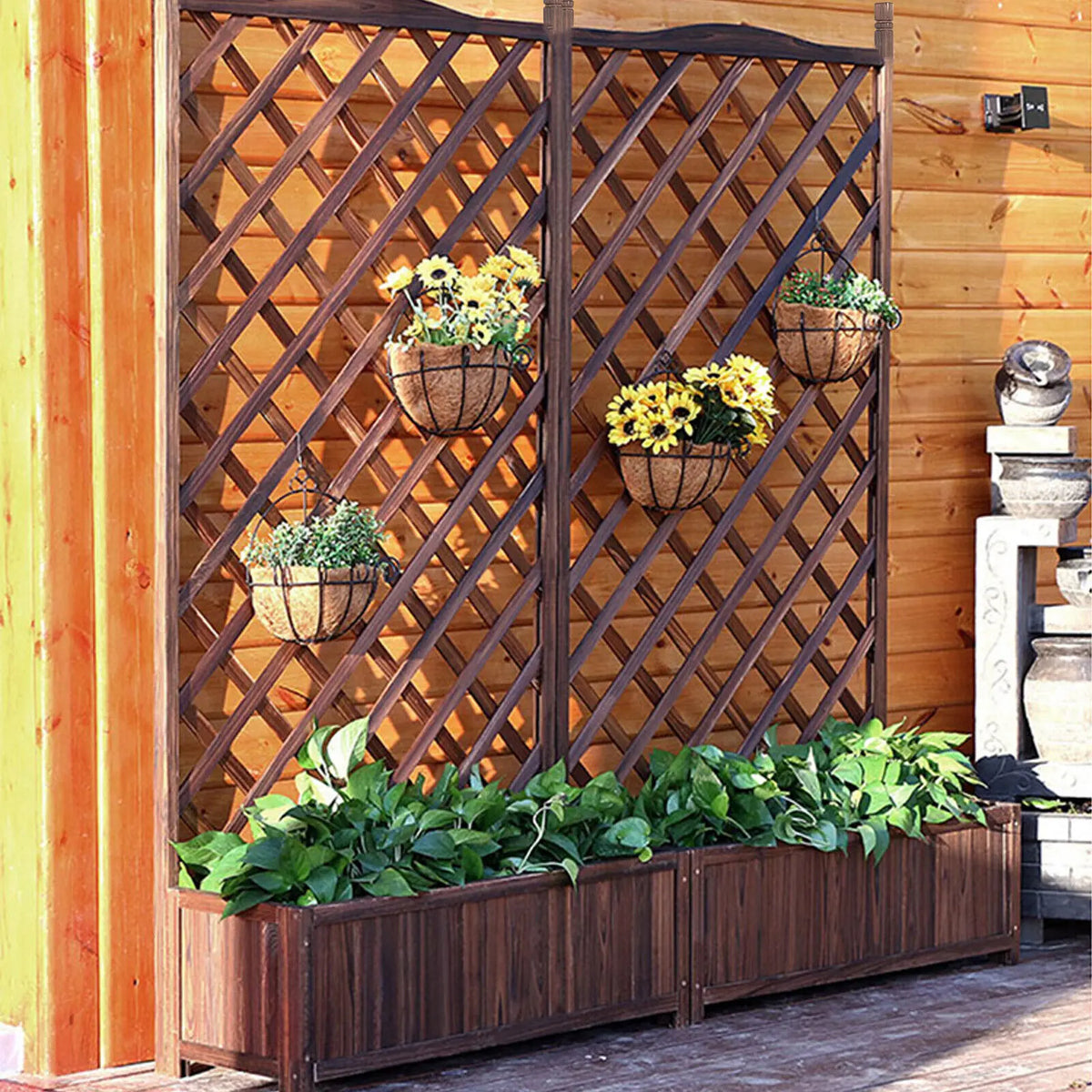 Raised Wooden Garden Bed Planter Box With Trellis For Patio