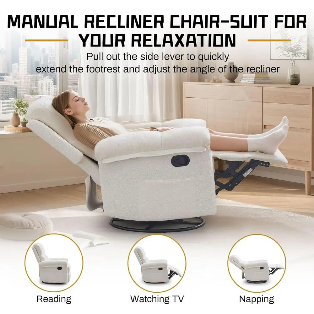 Upholstered Swivel Rocker Recliner Chair for Adults and Small Spaces