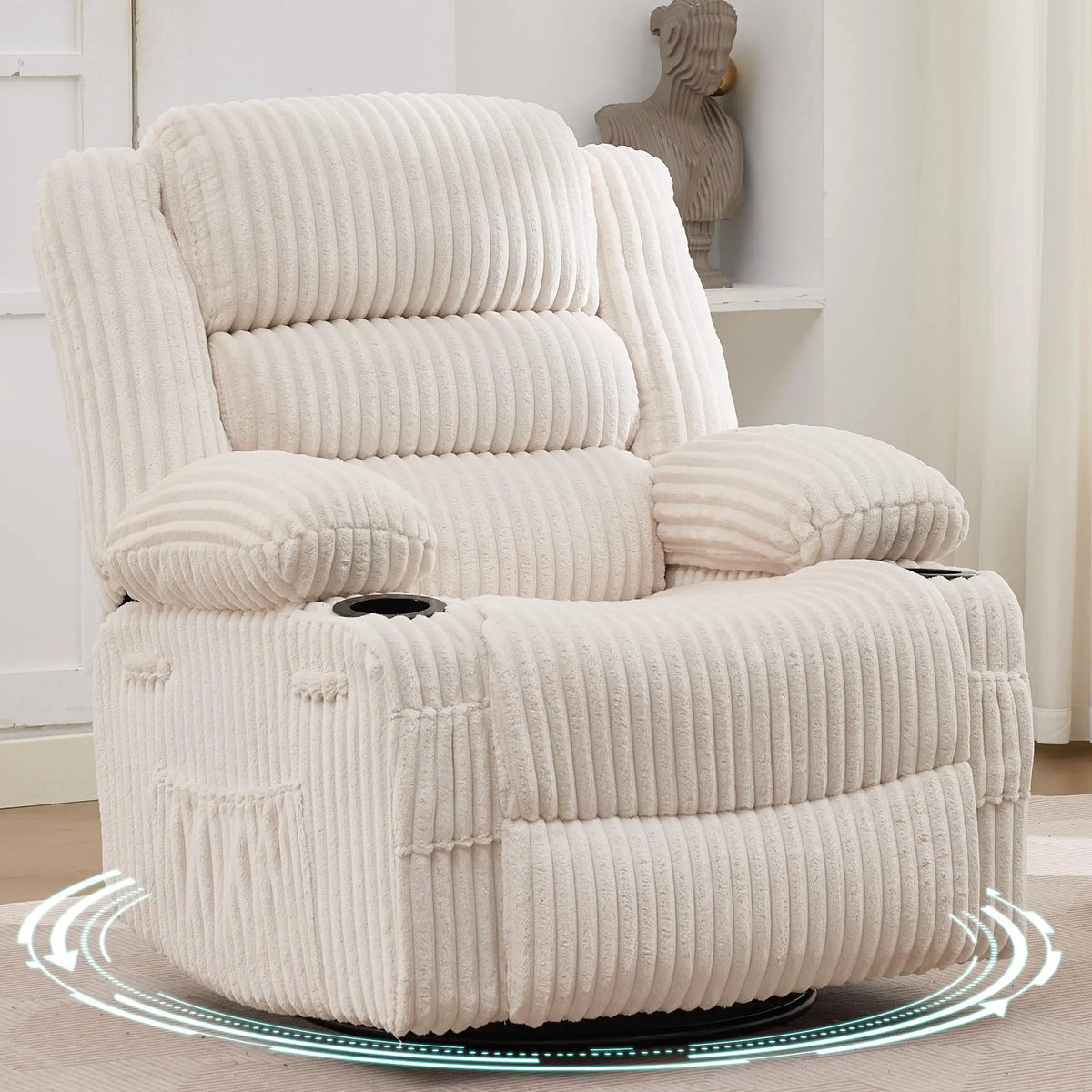 Studyset Corduroy Swivel Glider Recliner Chair With Cup Holder