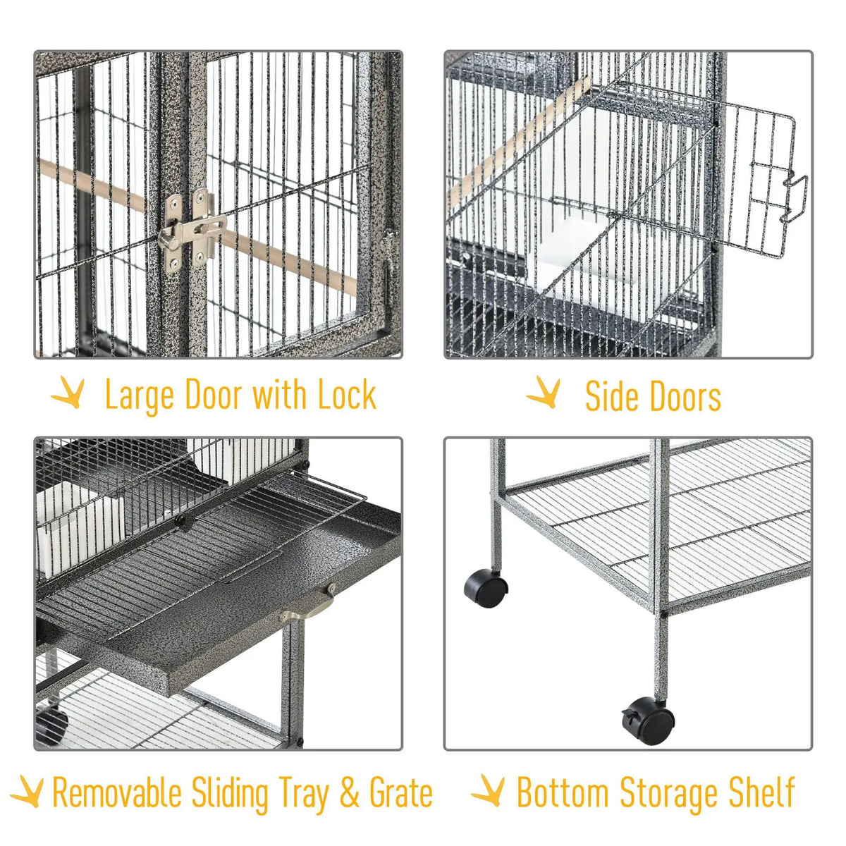 Rolling Metal Bird Cage With Storage Tray And Wood Perch