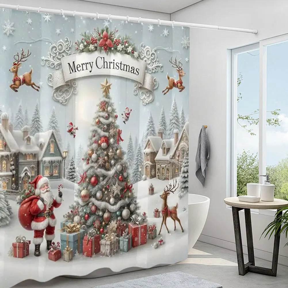 Shunmaii Christmas Shower Curtain Santa Claus Polyester Bathroom Decor