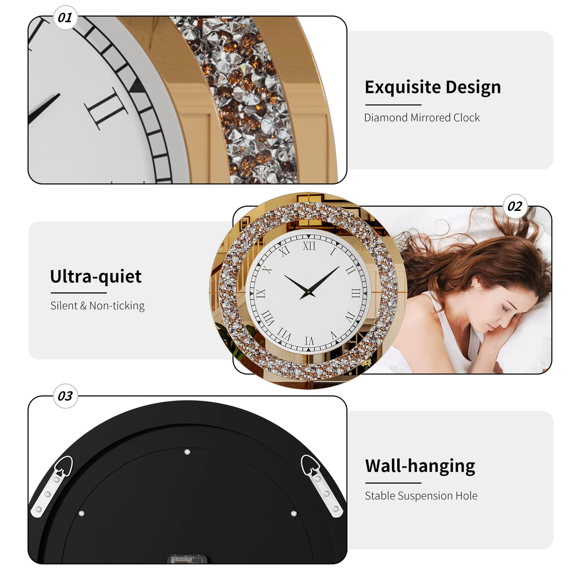 Decorative Mirrored Wall Clock With Silver Crushed Diamond Inlay