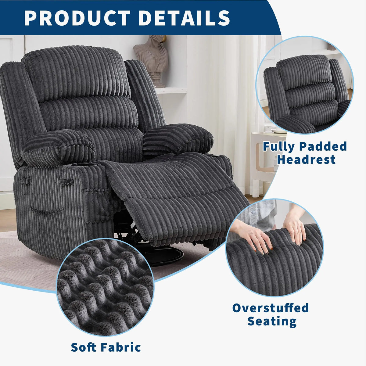 HiMISS Swivel Rocking Recliner Chair With Cup Holder Corduroy Glider