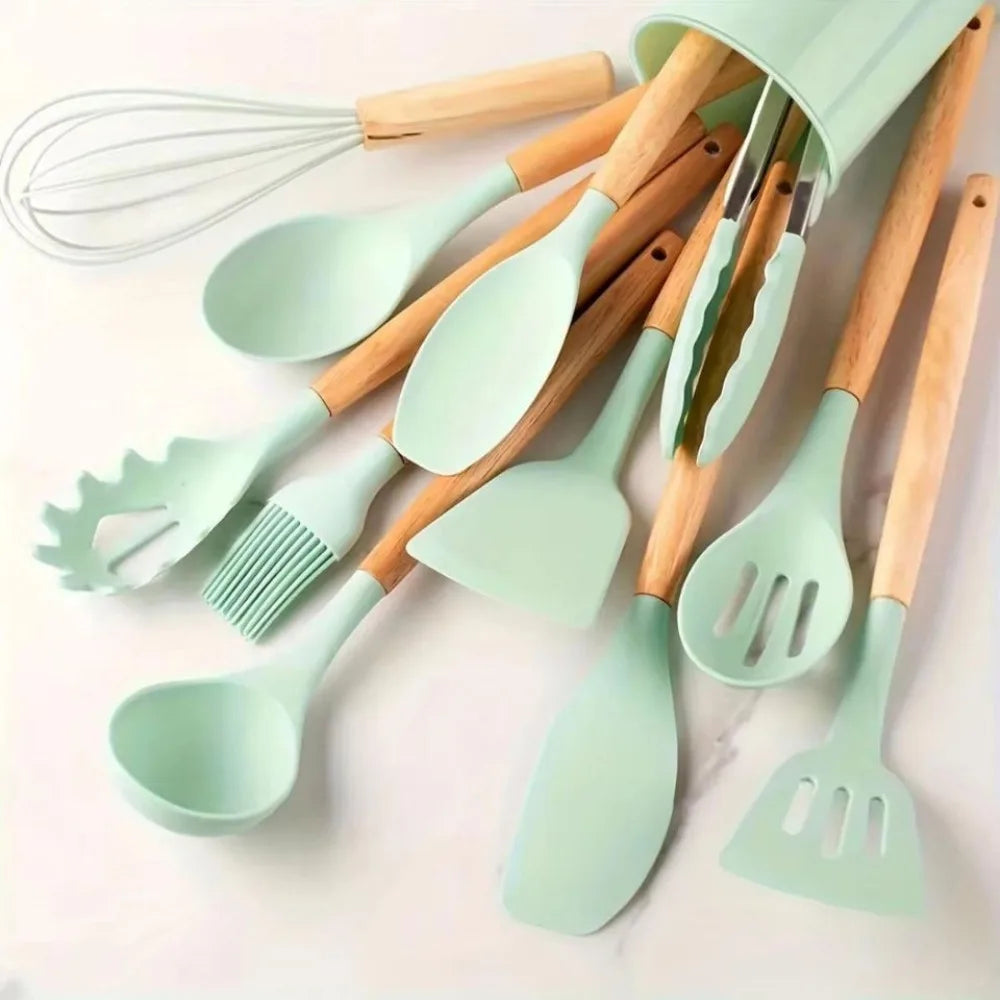 Nonstick Silicone Cooking Utensil Set With Wooden Handles