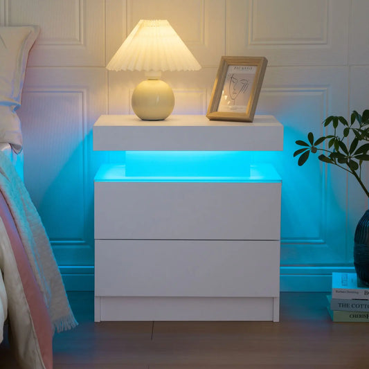 Cubehom Nightstand With Two Drawers And Led Lights For Bedroom