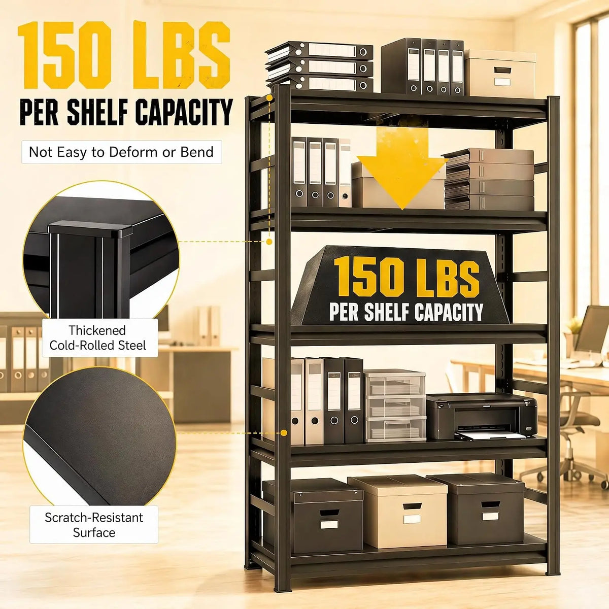Bolt-Free Heavy-Duty Metal Bookshelf With Adjustable Shelves Anti-Tip Anchors