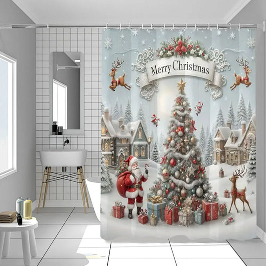 Shunmaii Christmas Shower Curtain Santa Claus Polyester Bathroom Decor
