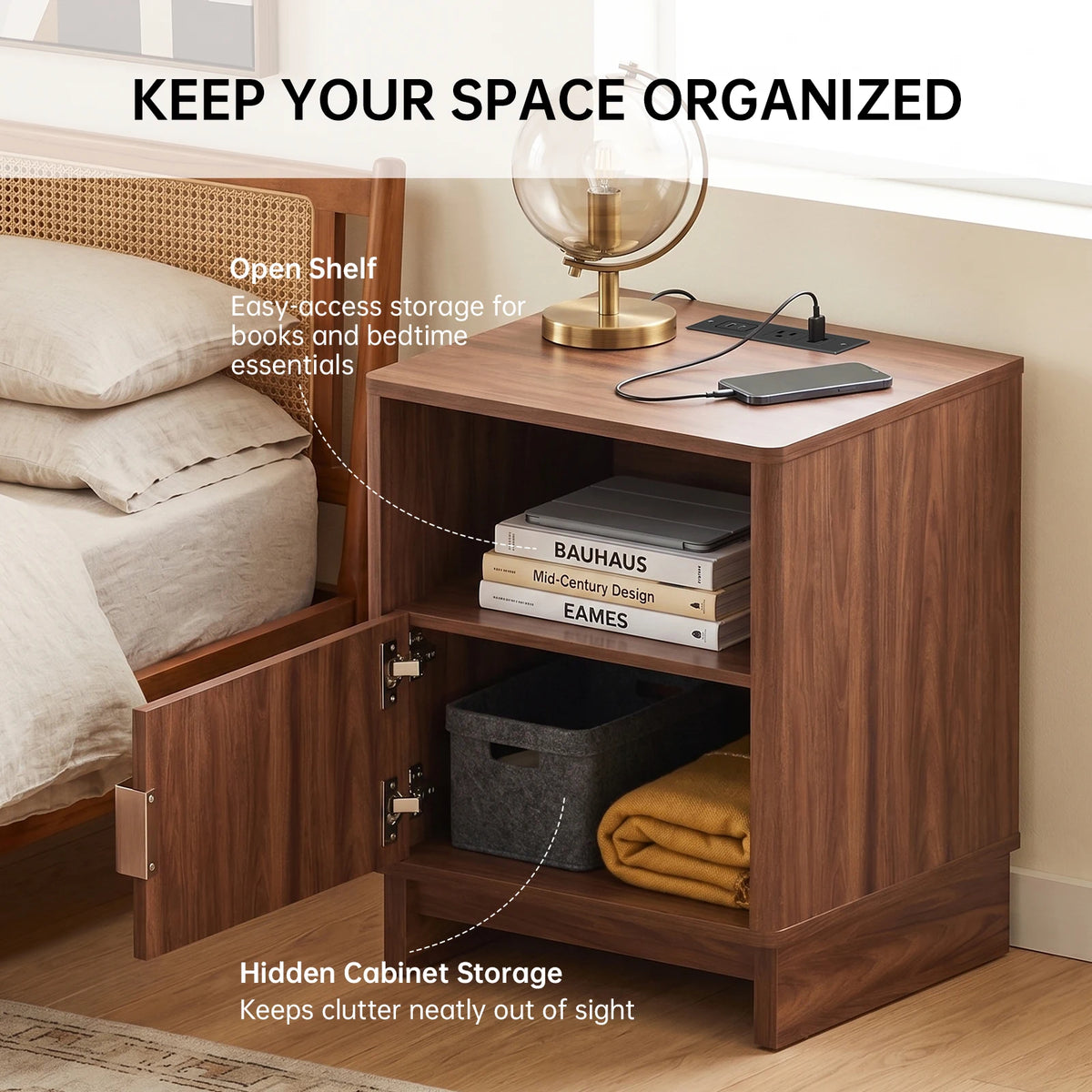 TinyNest Fluted Nightstand with Charging Station and Storage Drawers