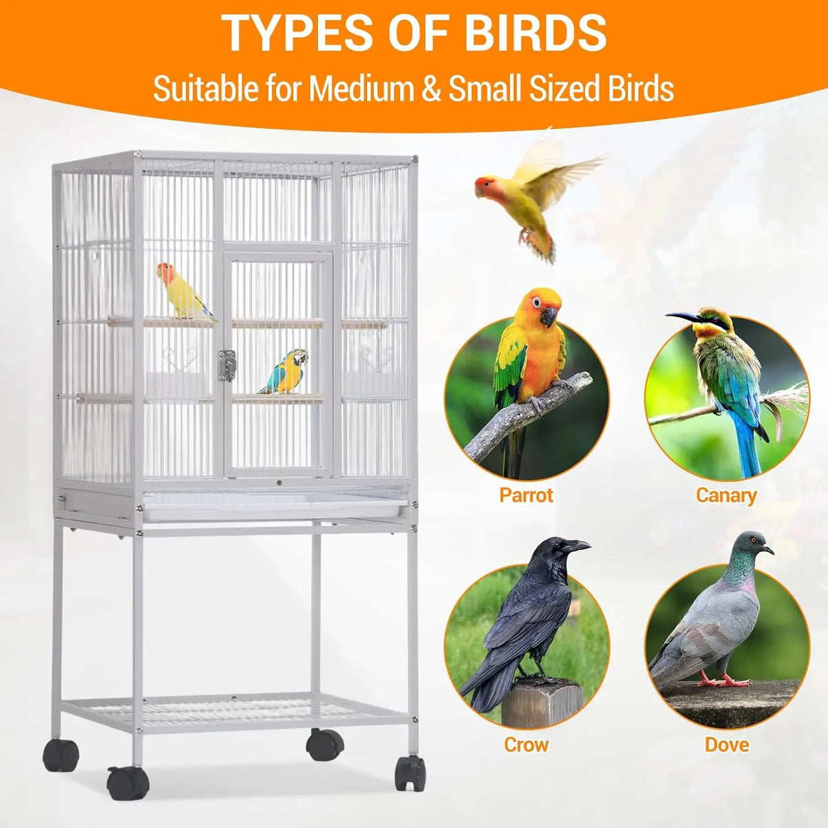 Tacleekii Rolling Bird Cage With Perches And Storage Shelf