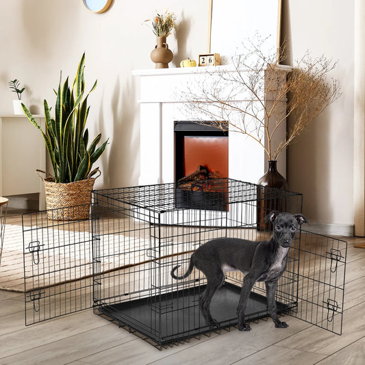 Jhk Double Door Folding Metal Pet Kennel With Removable Pan