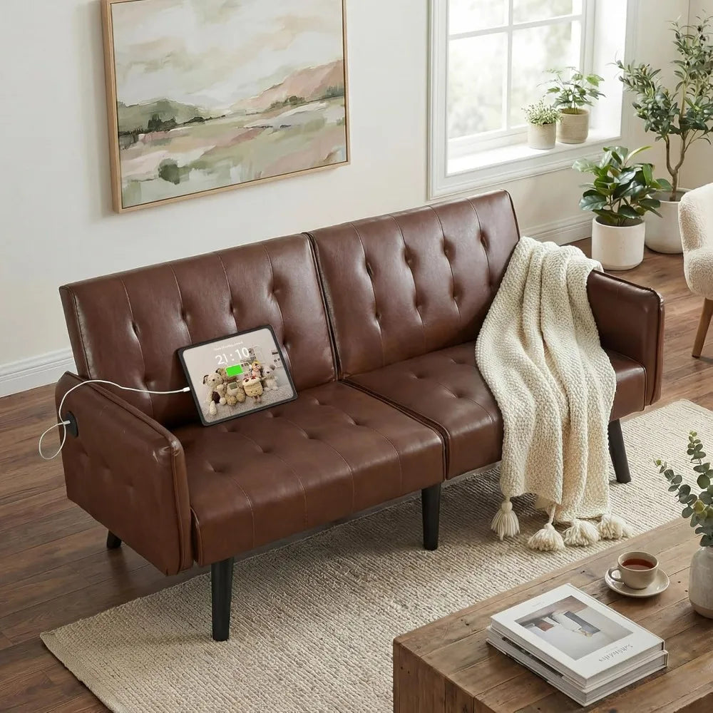 Modern Faux Leather Futon Sofa Bed Featuring Usb Ports Technology