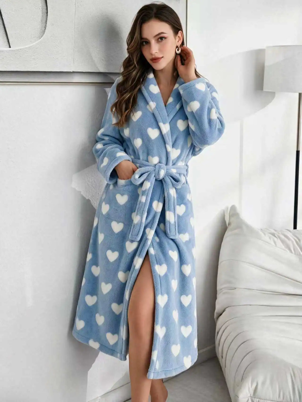 Qeils Women's Comfortable Flannel Belted V-Neck Nightgown